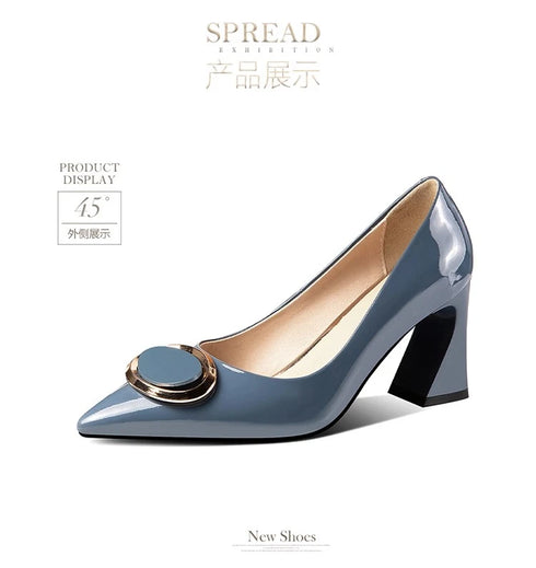 Elegant Pointed Toe Mary Janes with Patent Leather Buckle and Comfortable Middle Heel for Women